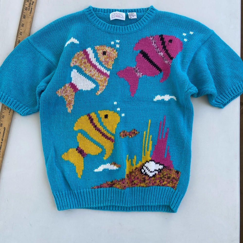 Vintage Fish Sweater Hong Kong Ramie Cotton Coastal Aquarium Knit Womens M 80s